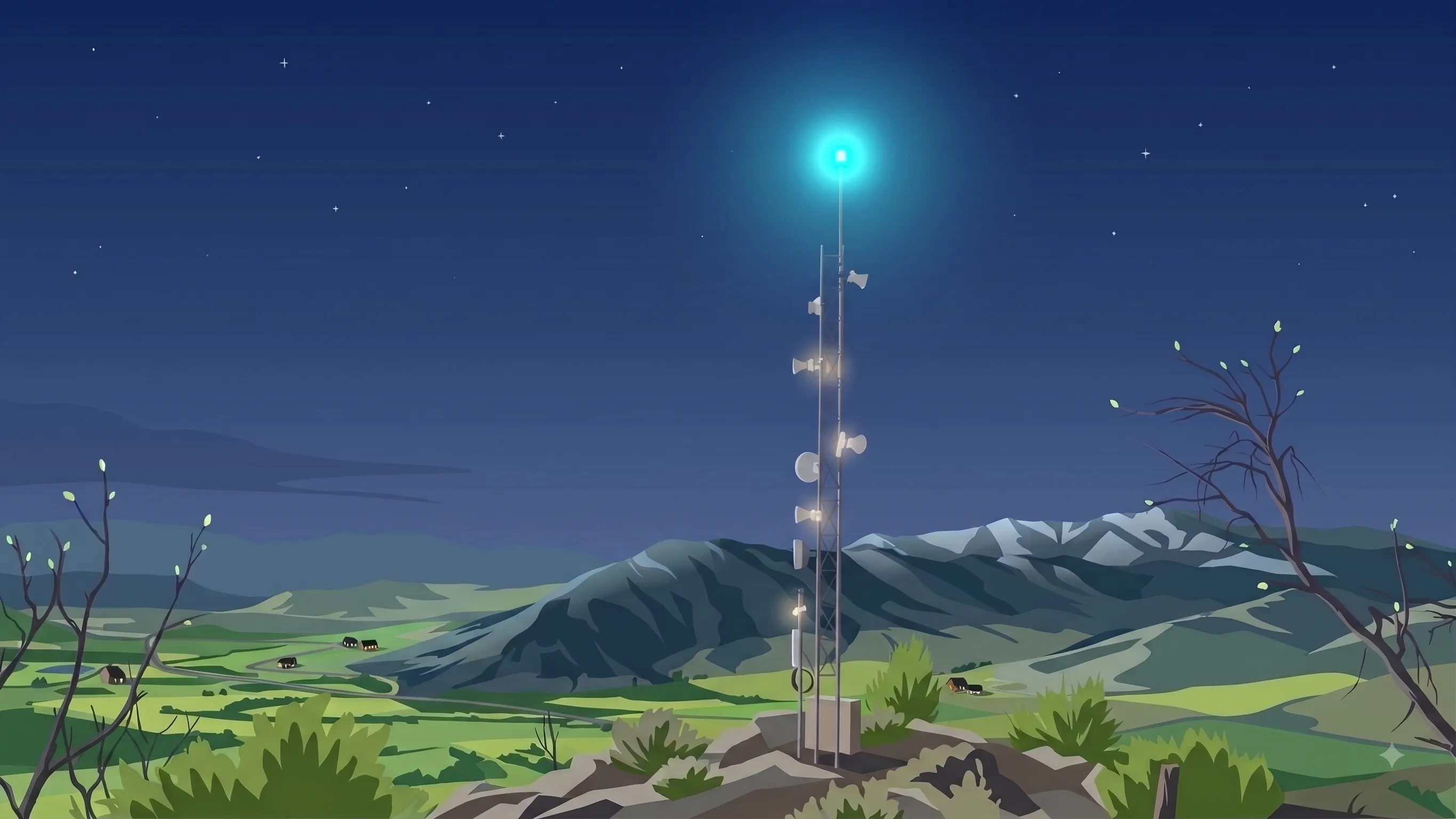 Night illustration of a relay tower on a ridge above the valley, a blue beacon burning at the top of the mast